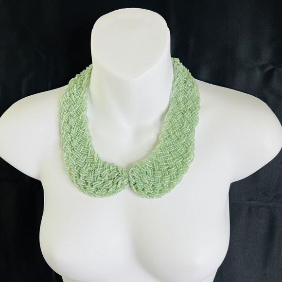 Vintage Mint Green Braided Beaded Collar Necklace Sead Beads Woven BEUTIFUL 1367 - Picture 2 of 8